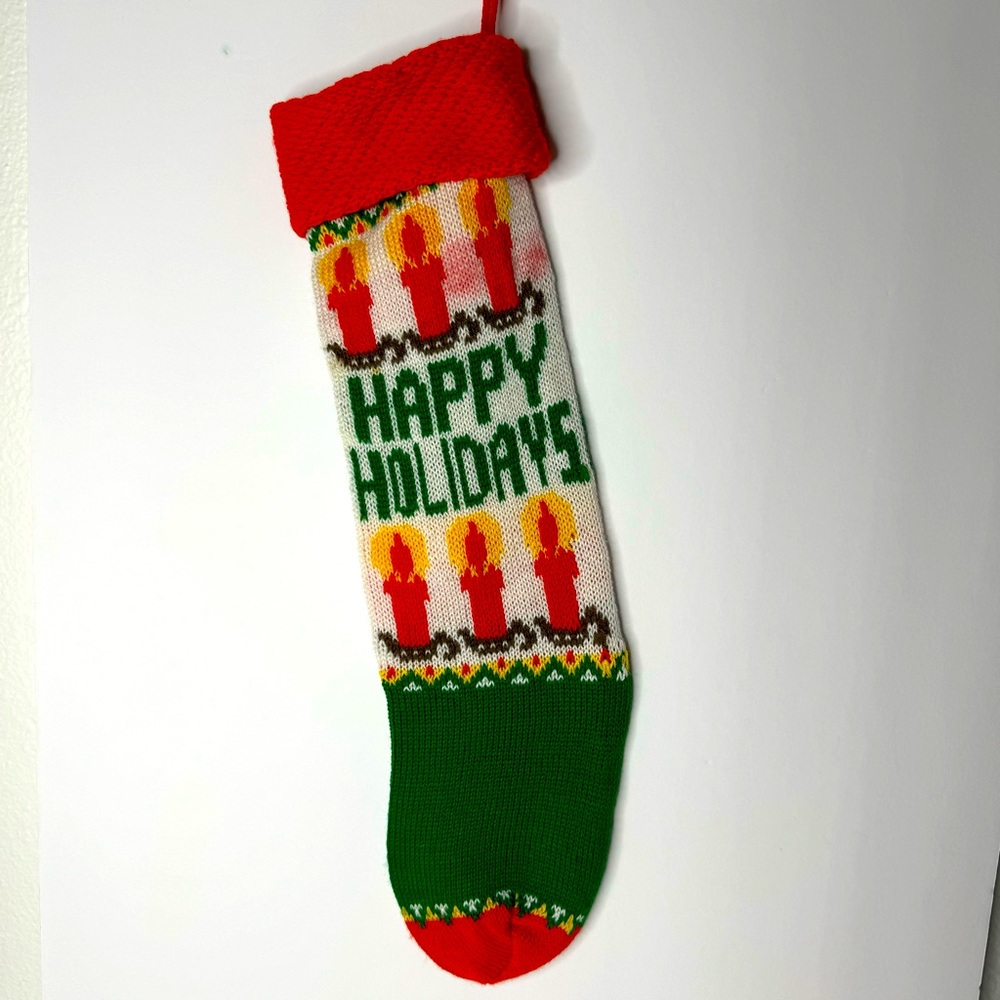 Vintage Knitted Christmas Stocking Happy Holidays With‎ Candles Design